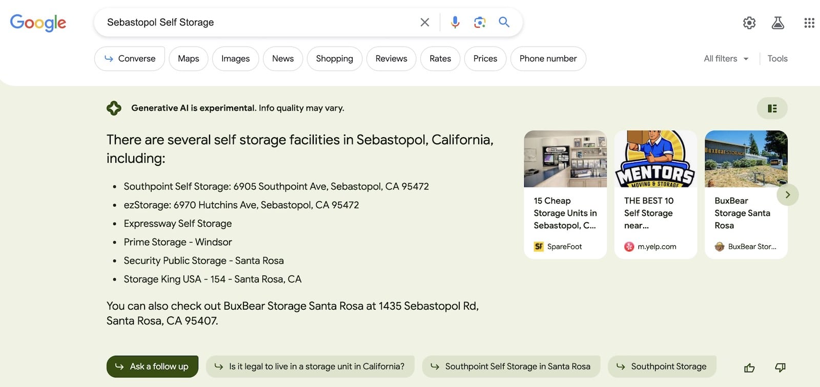 AI search of Sebastopol Self Storage