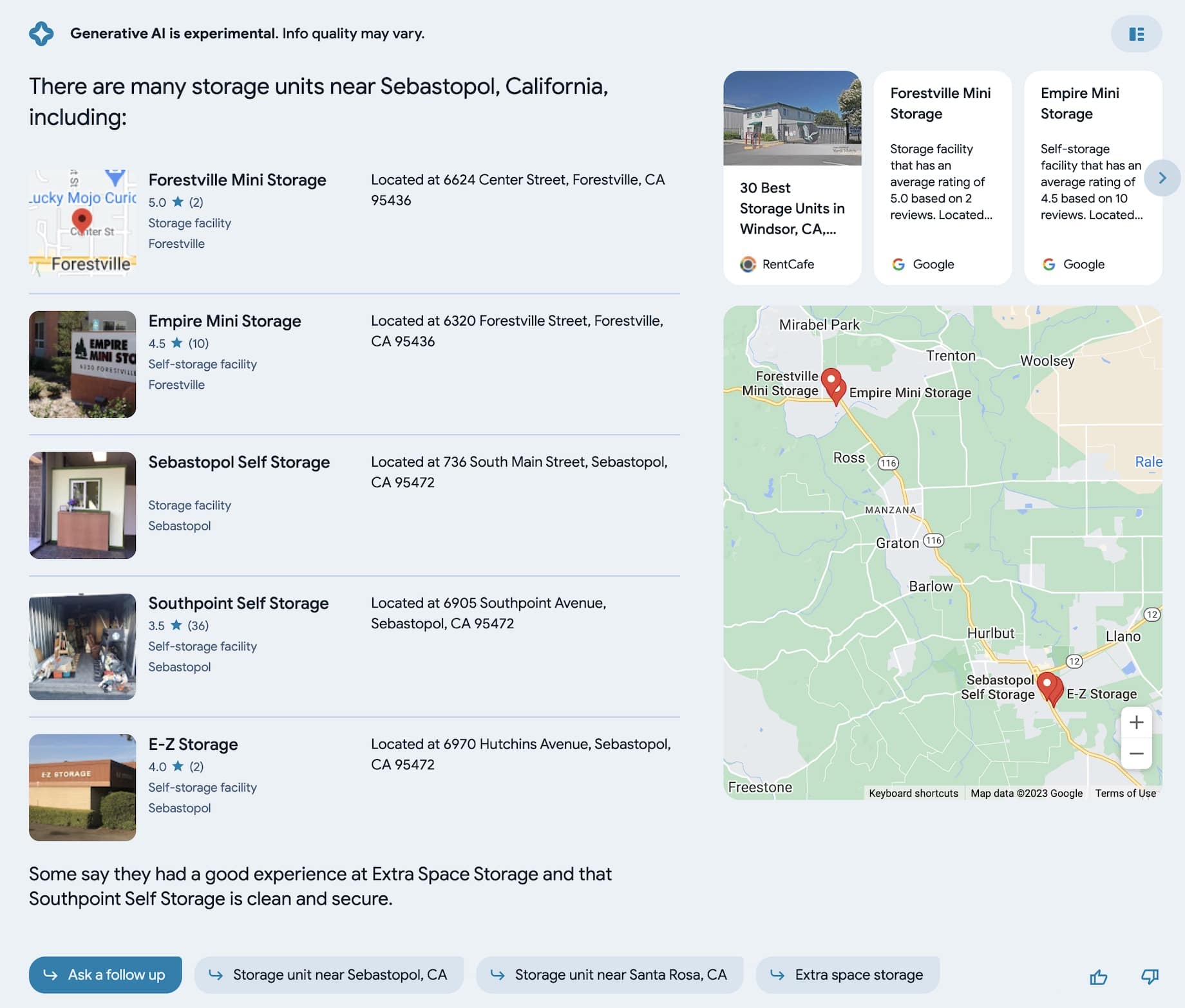 Search Generative Experience results for search on storage unit near me