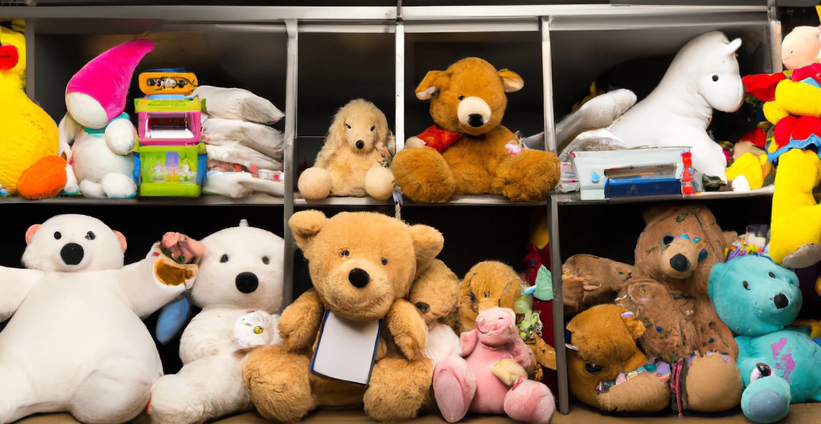 AI generated image of stuffed animals in a self storage facility.