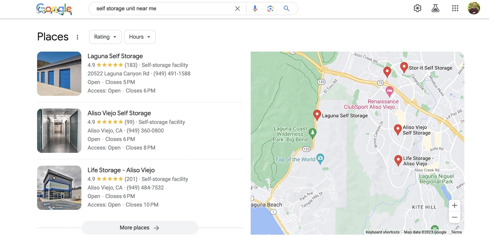 A screenshot of google search results for someone looking for self storage near me.