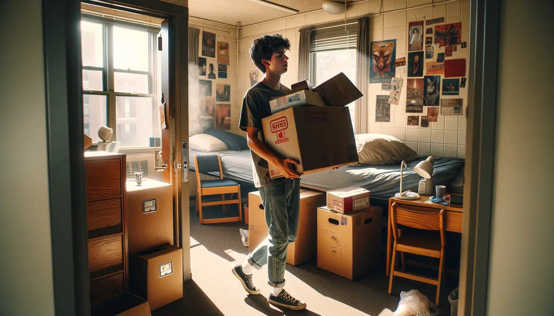 Image of a college student moving out carrying storage boxes.