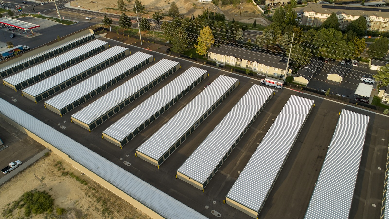 New storage facility aerial shot needing marketing to help with lease-up.
