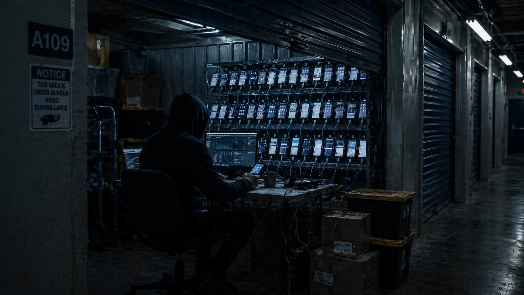 Rendered graphic of a fraud phone bank operating in a self storage unit.