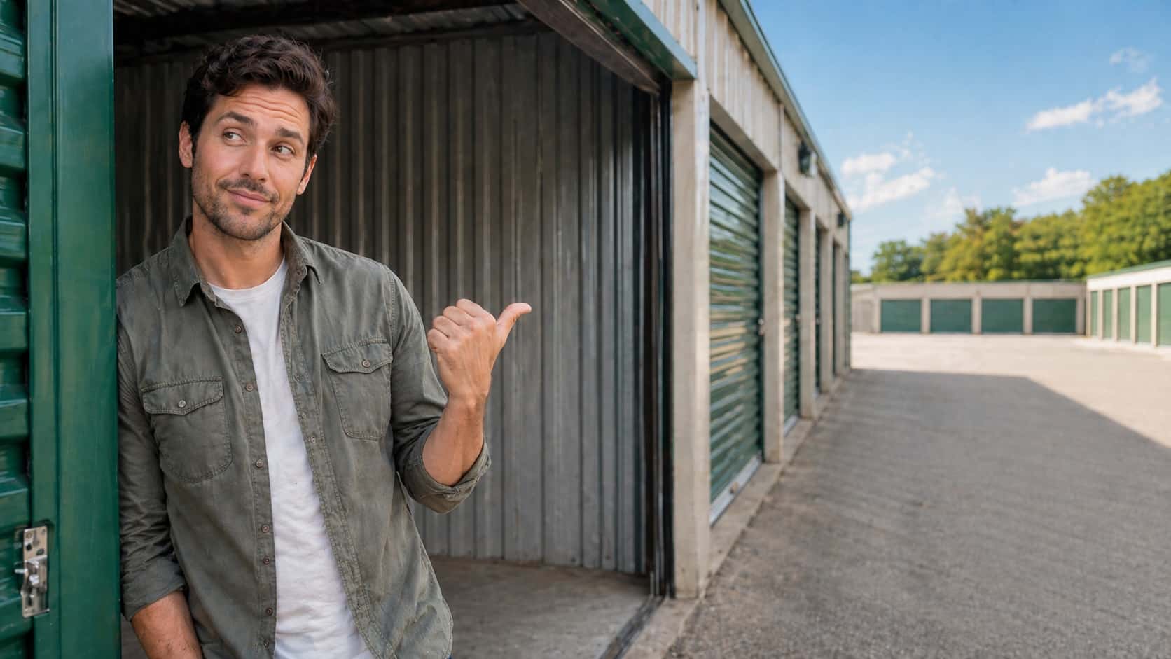 Guy in a storage unit pointing off-screen, as a reference to a related GEO optimization article in Inside Self Storage