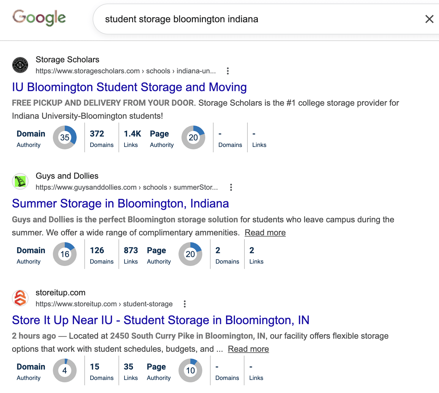 Google search results showing Store It Up competing at position 3 in organic results for student storage search