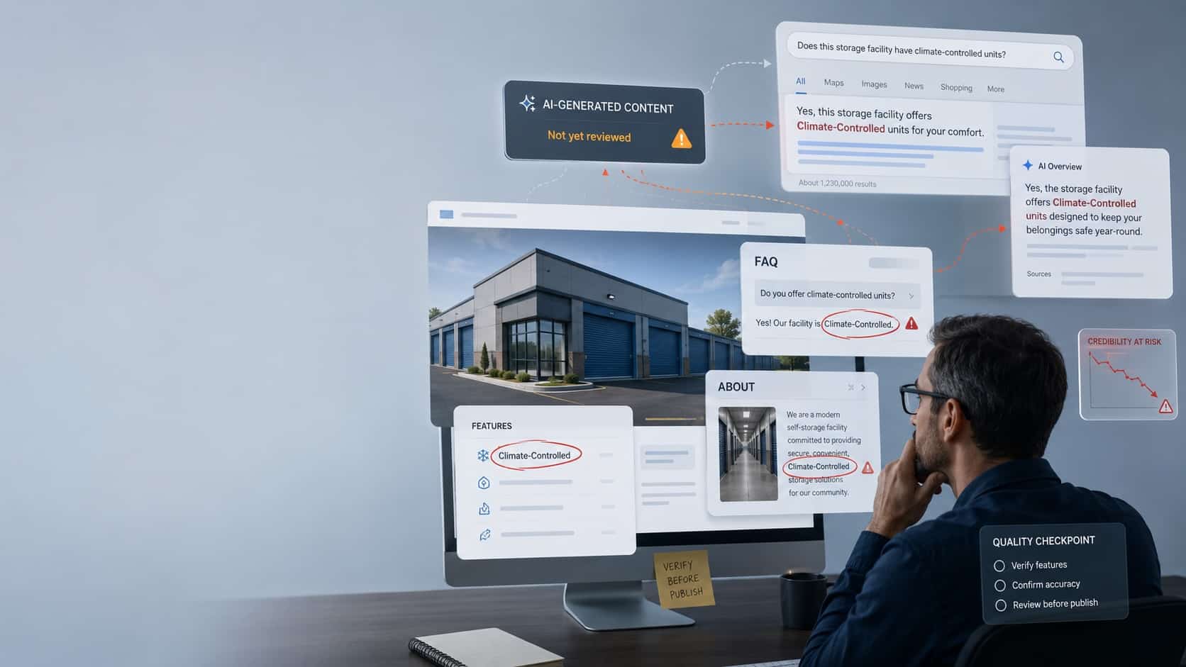 Human review is essential with AI-generated content for a storage facility - image shows a rendering of an integrity audit and how the wrong information can propagate on the web and in search.